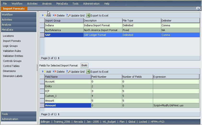 The image shows the Import Formats screen. The Expression for the Account row of the SAP import format contains the ModifySAPAmt.uss script.